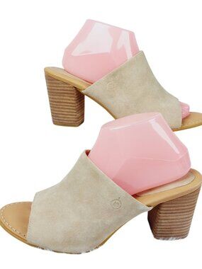 Born Bima Women's Beige Suede Leather Open Toe Slip-On Block Heel Mules Size 11M